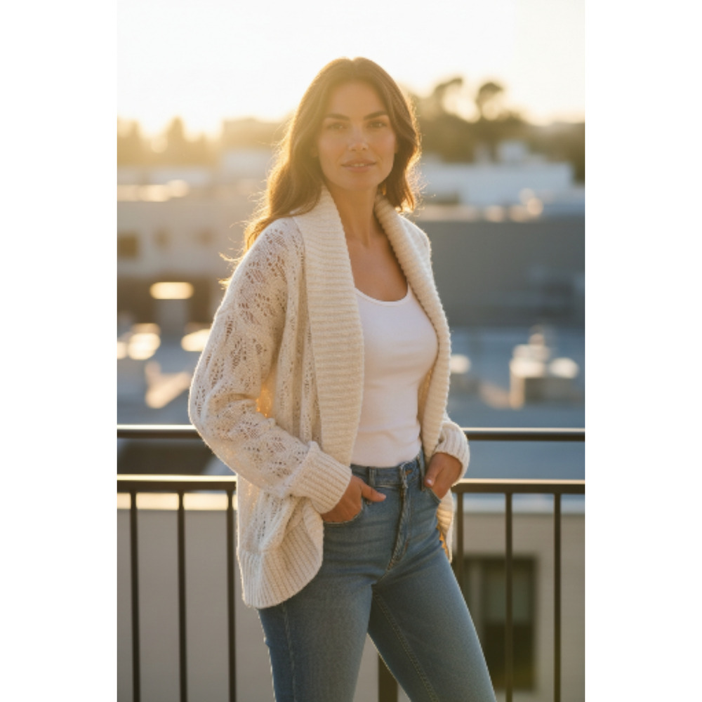 St. John's Bay White Open Knit Shawl Collar Cardigan Sz L